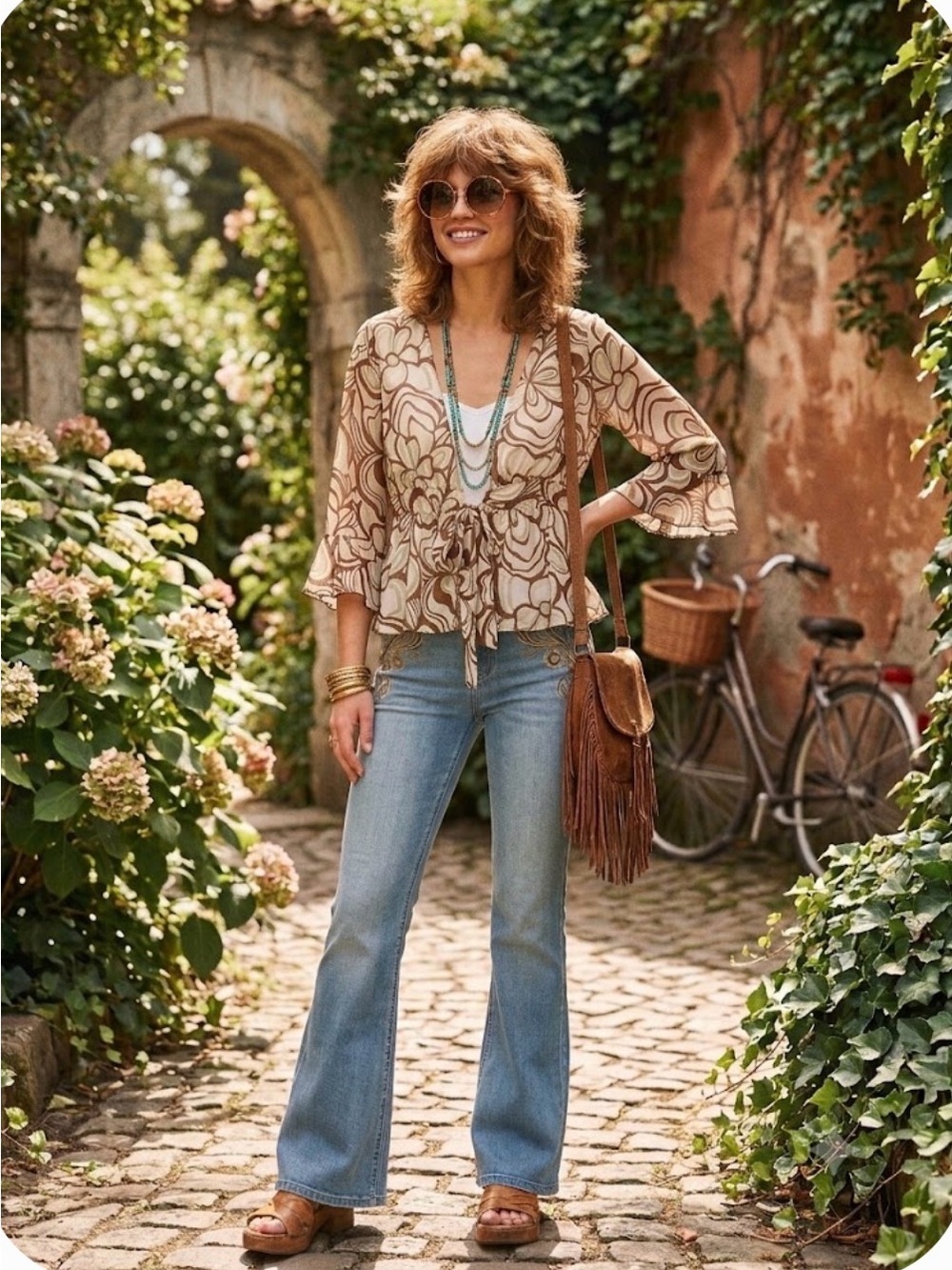 SERENADE New York Sheer Retro Print Front Tie Top / Kimono - L